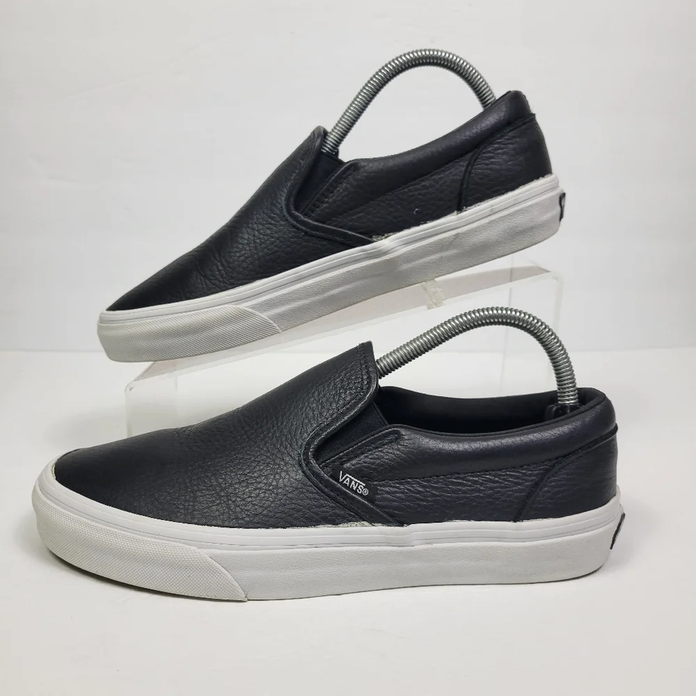 Vans Black Leather Slip-On Sneakers with White Sole